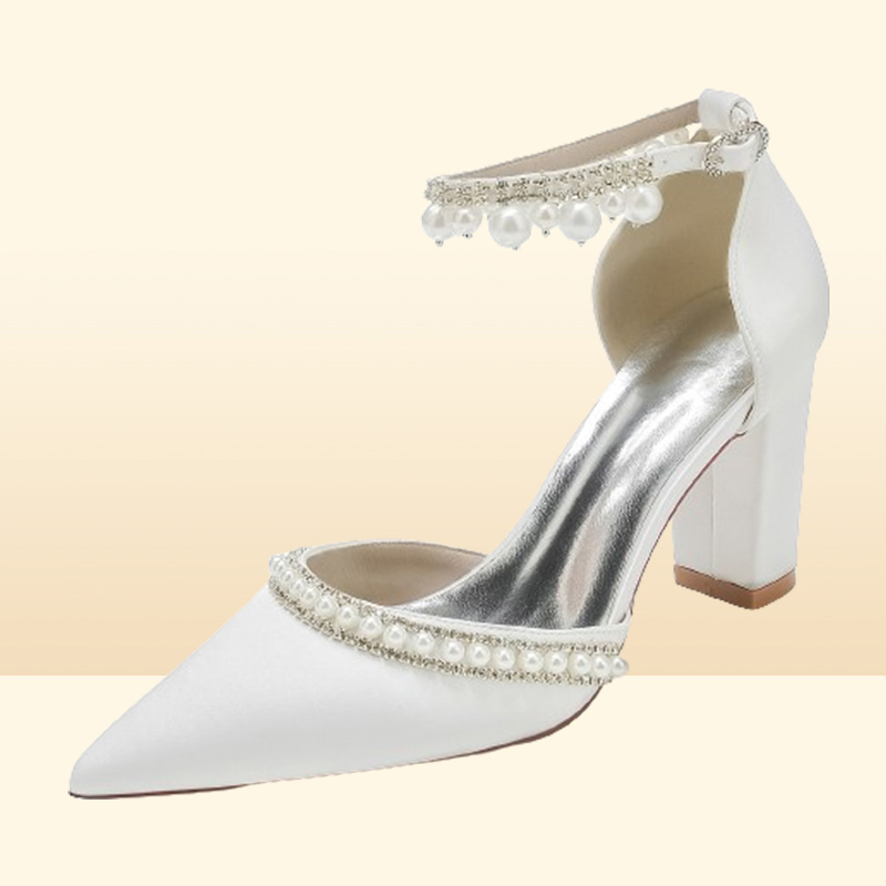 White Silk Satin Wedding Shoes Pointed Toe Elegant Pearls Sparkle Crystals Beaded Women Pumps Chunky High Heel Bridal Shoes CL0333