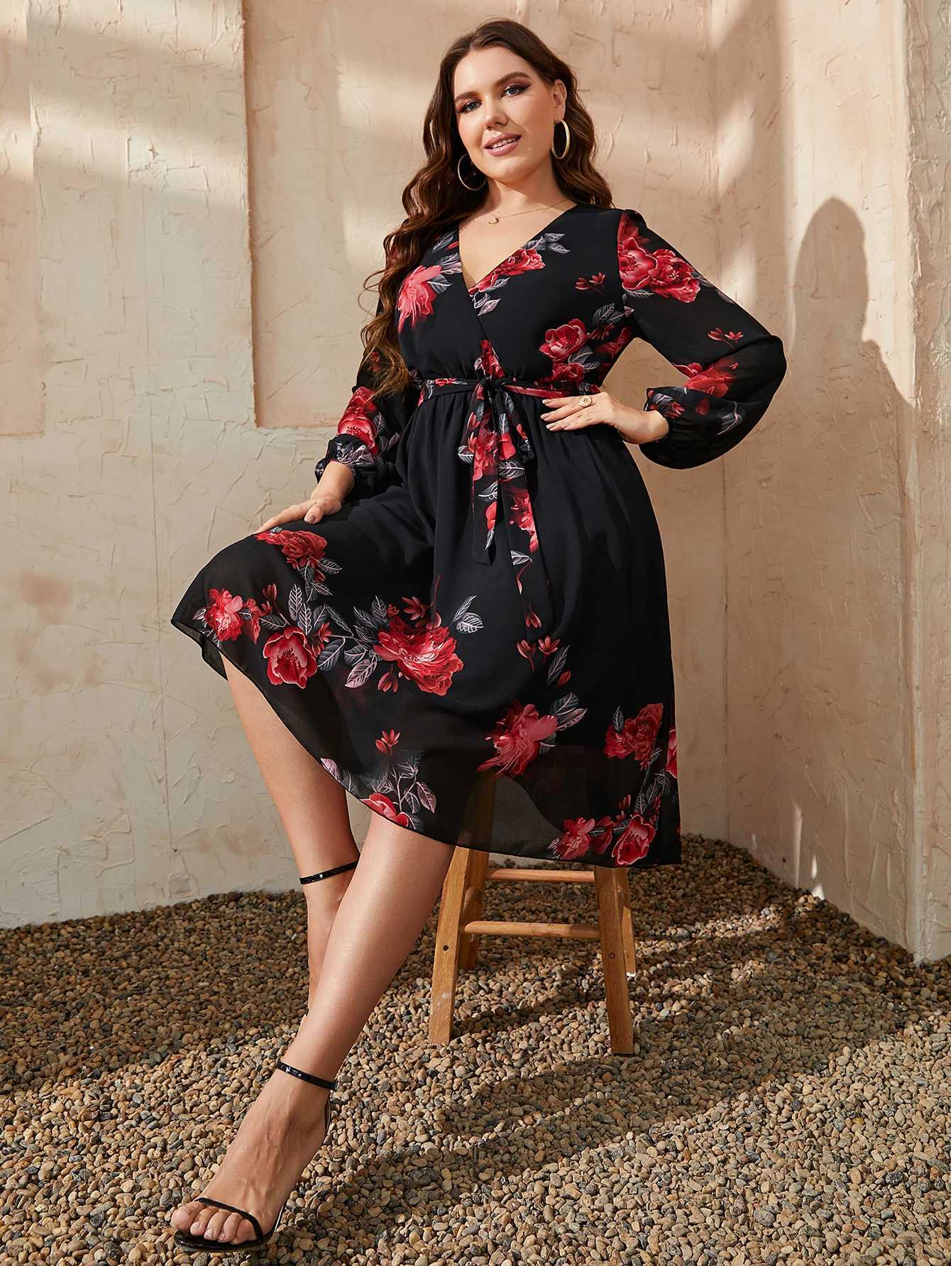 Basic Casual Dresses Chic Plus Size Floral Print V Neck Midi Belted Dress Women Casual Clothing Black Long Slve Party Elegant Vintage Dresses Y240515