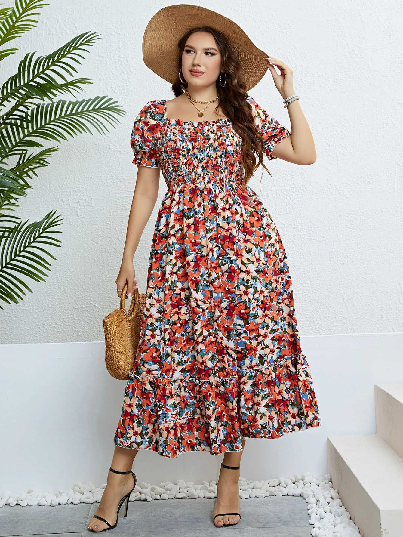 Basic Casual Dresses Plus Size Women Clothing Puff Slve Floral Maxi Dress Square Collar a Line Cotton Robe Summer 2024 Boho Midi Elegant Dresses Y2405