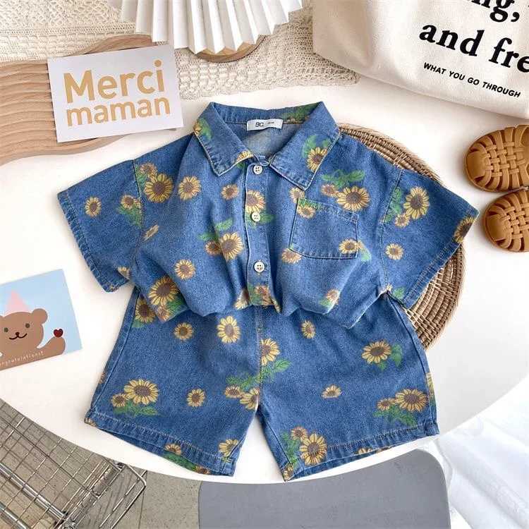 Clothing Sets Siblings Childrens Denim Set 2023 Summer Korean Fashion Sunflower Childrens Girl Shirt+Shorts Set 2-7Y Baby Boys Two Piece Set WX
