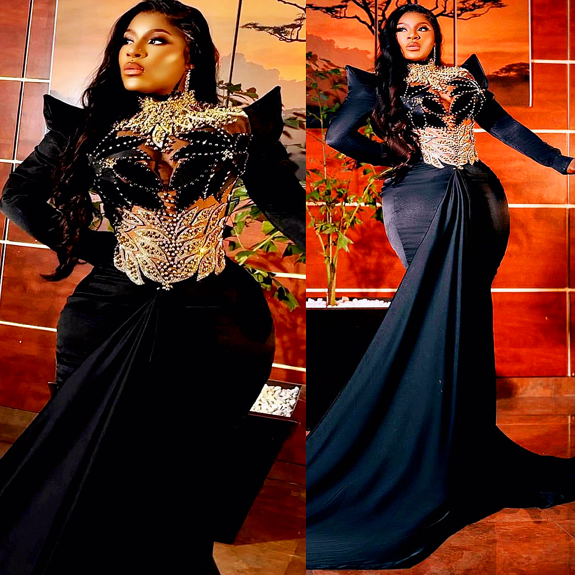 2024 Aso Ebi Black Mermaid Prom Dresses Lace Beaded Satin Evening Formal Party Second Reception Birthday Engagement Gowns Dress ZJ044