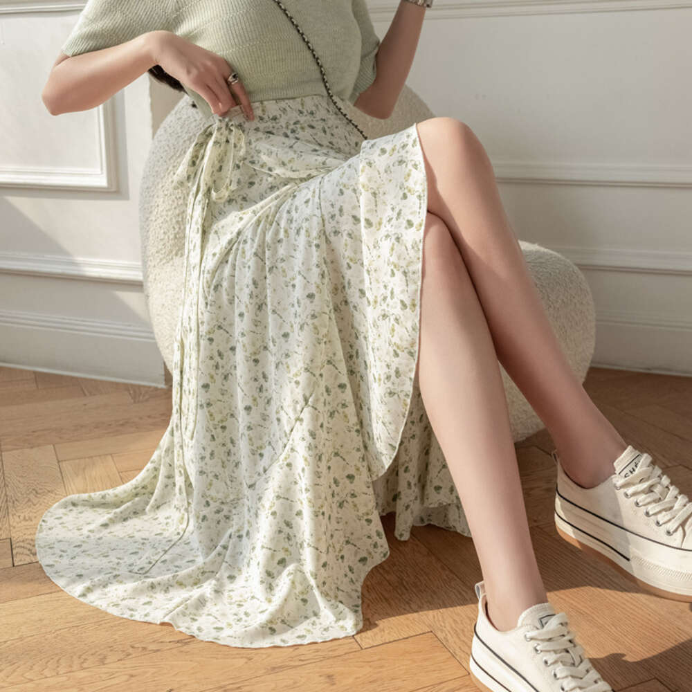 One Piece Chiffon Skirt For Womens Summer New Style With Tie Up Buttocks Wrapped Ruffled Edge Wrapped Skirt High Waisted A-line Floral Skirt