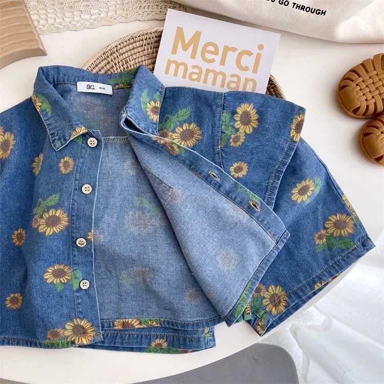 Clothing Sets Siblings Childrens Denim Set 2023 Summer Korean Fashion Sunflower Childrens Girl Shirt+Shorts Set 2-7Y Baby Boys Two Piece Set WX