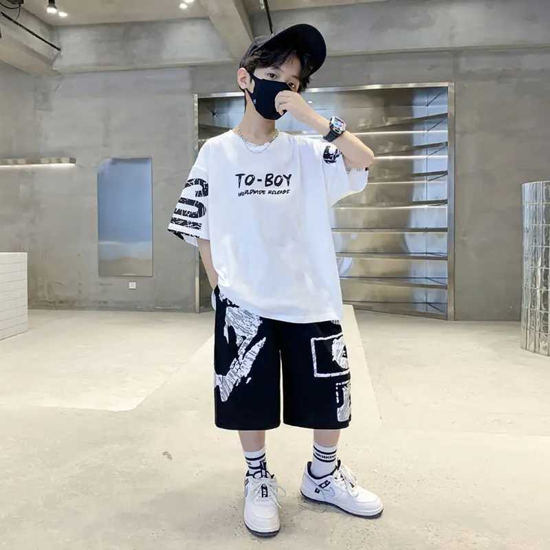 Clothing Sets Boys Summer Trendy Casual Sports 2pcs T-shirts+Pants Suits 3-14 Years Teenage Boys Hip Hop Style Fashion Outfits Clothes Sets H241214