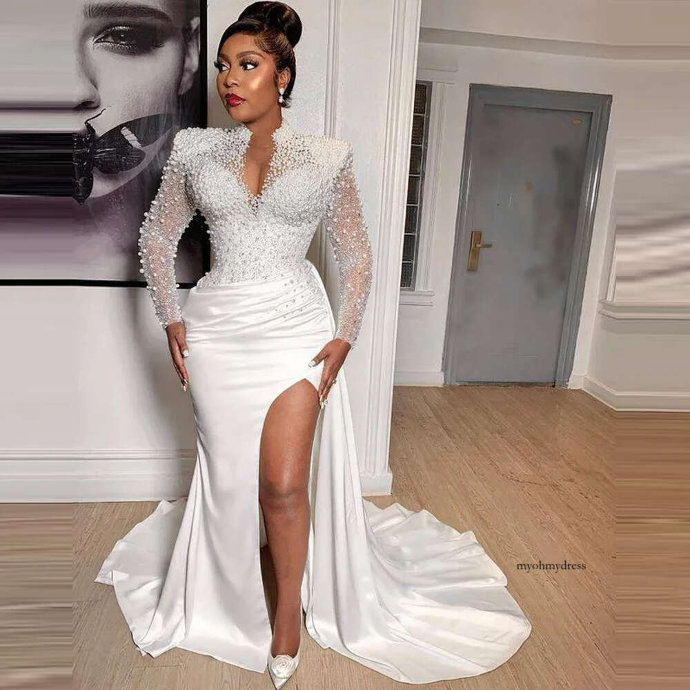 Mor Pearls Mermaid Dress For Bride Long Sleeves Side Split Bridal Gowns Detachable Train Draped Wedding Receiption Dresses 0516