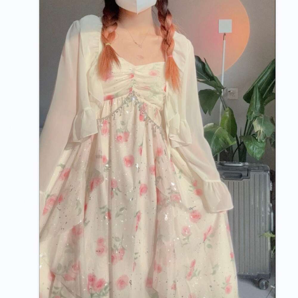Sweet And Gentle Wind Pink Fragmented Flower And Lotus Leaf Edge Shining Fairy Sling Dress Womens Knitted Cardigan Set Spring Summer