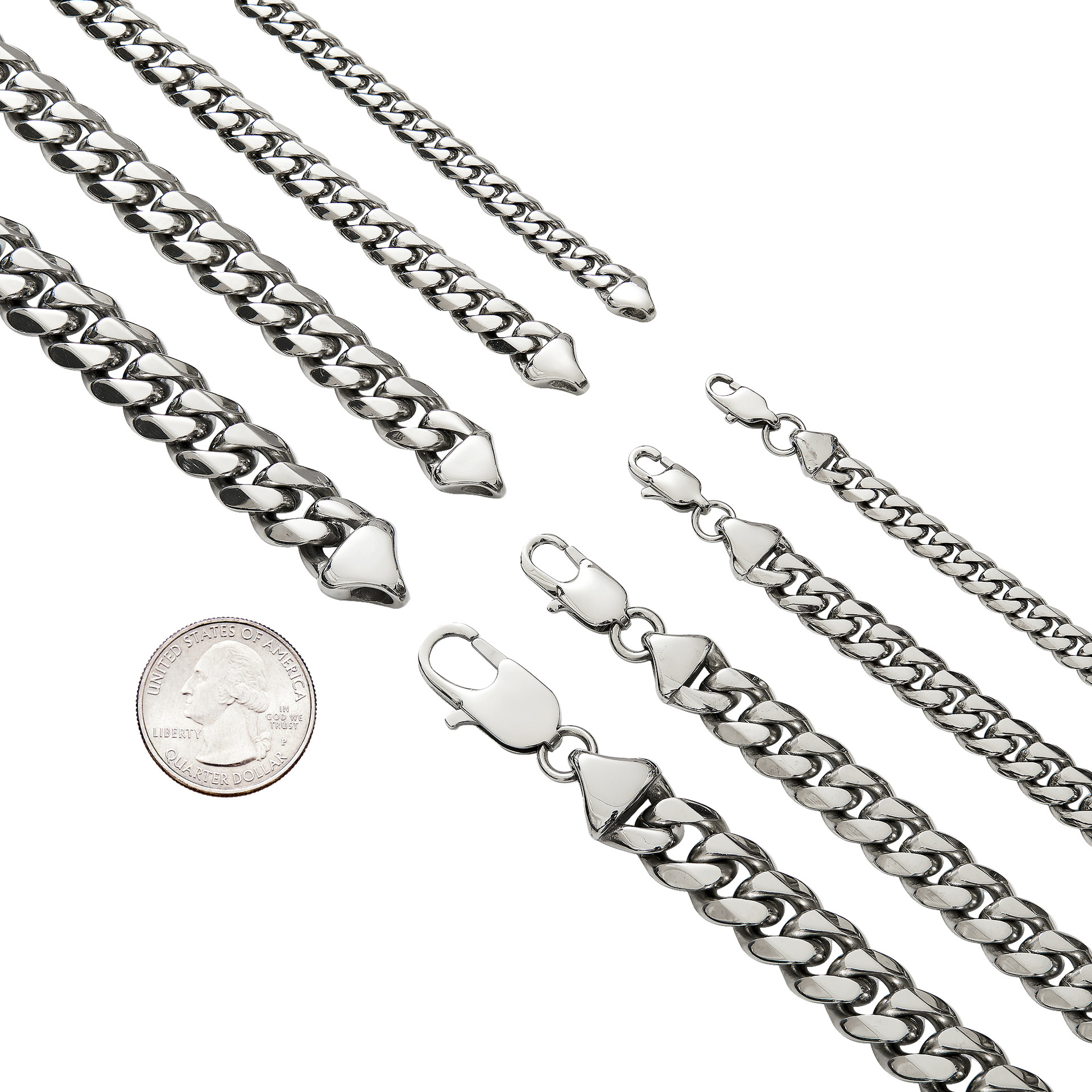 6mm-12mm Hip Hop Stainless Steel Cuban Link Chain Necklace Brcelet Sier Color Jewelry Set