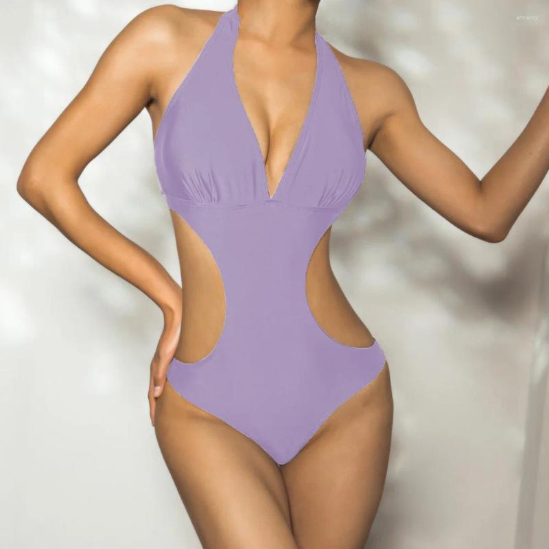Womens Swimwear Sexy Cut Out Trikini Swimsuit For Women 2024 Solid Deep V Halter Backless One Piece Monokini Bathing Suit