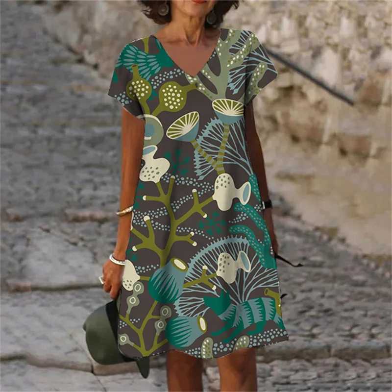 Basic Casual Dresses Women Plant Flowers 3D Print Dress 2023 Summer Oversized Clothing Casual Short Slve V-Neck Loose Dress Vestido Female Sundress Y2
