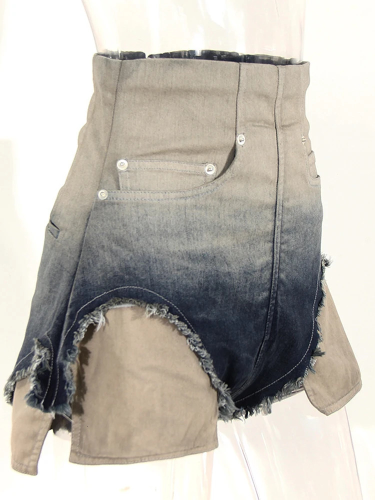 DEAT Womens Denim Shorts Patchwork Pocket High Waist Gradient Burr Edge Back Zipper Short Jeans 2024 Summer Fashion 17A6662 240515
