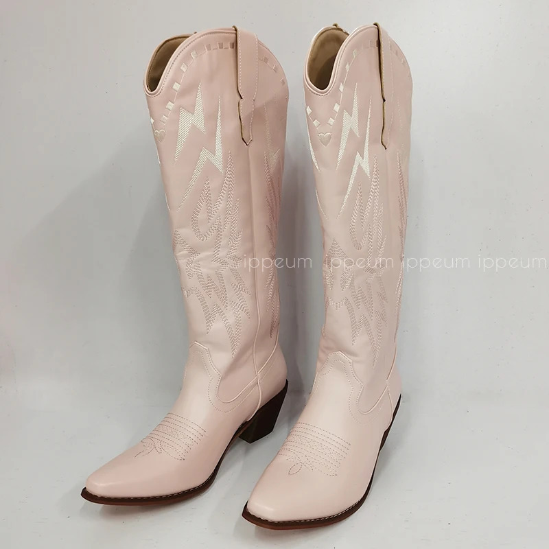 IPPEUM Black Knee High Western Cowboy For Women Embroidered Pointed Toe Shoes White Wide Calf Cowgirl Boots 240515