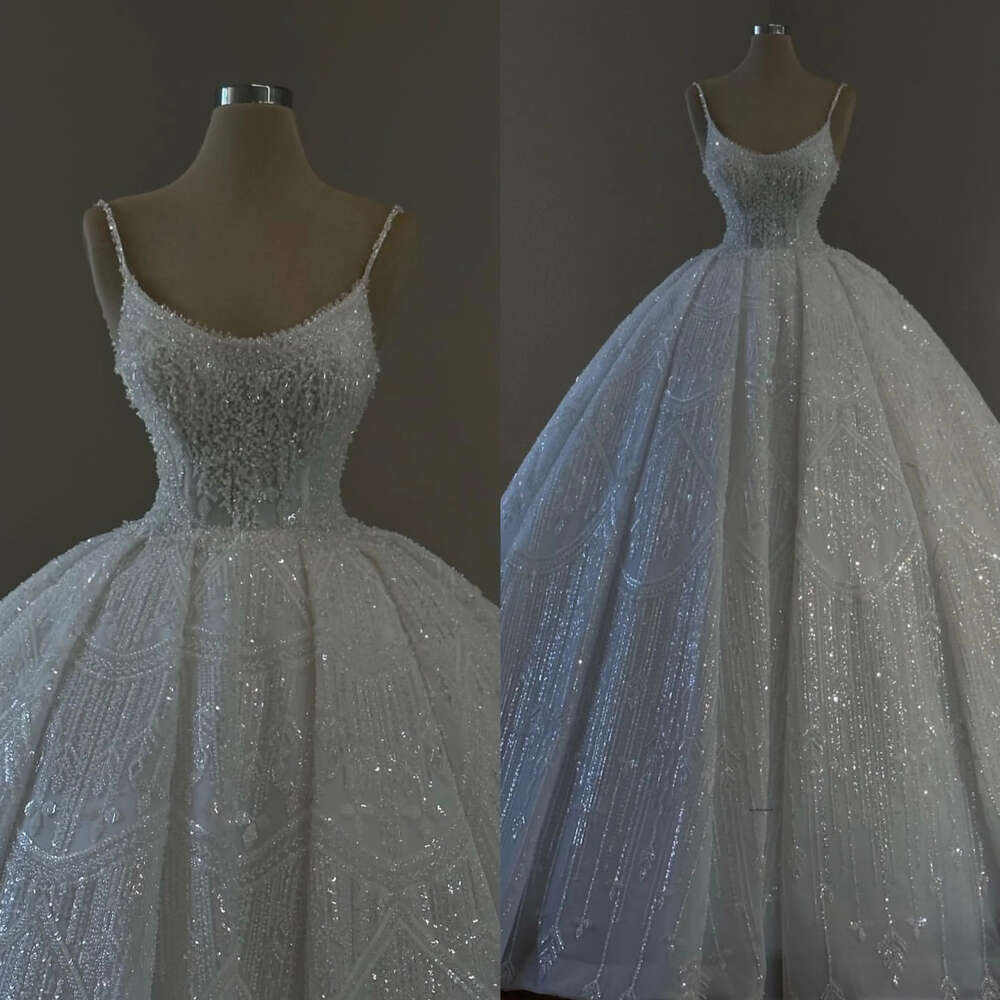 Princess Crystal Ball Gown Wedding Dress For Bride Spaghetti Sequins Beading Wedding Dresses Sweep Train Ruffle Robe De Mariage Bridal Gowns 0516