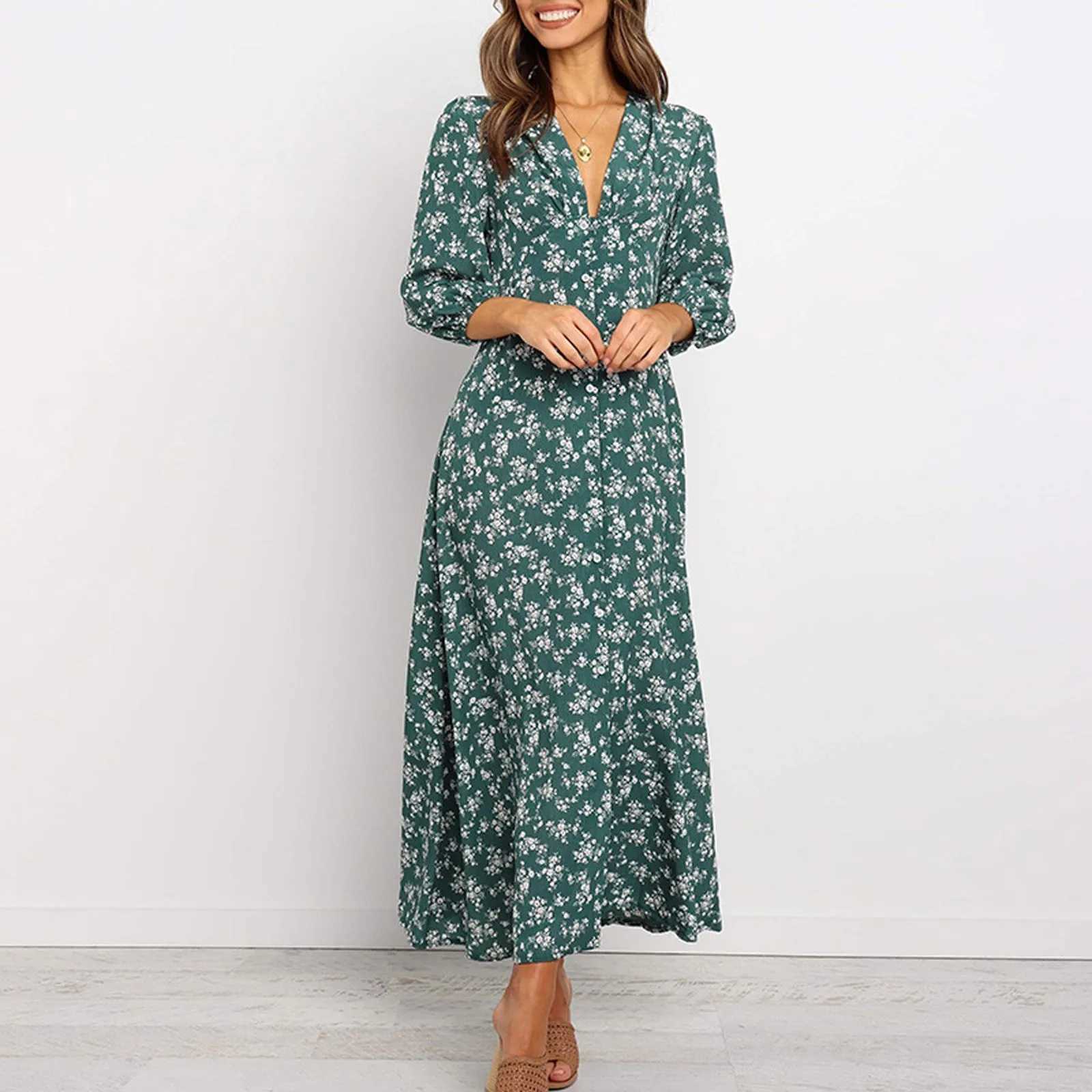 Basic Casual Dresses Womens Summer Dresses Elegant Floral Print Trendy Party Dress Sexy V Neck Long Slve Boho Slim Fit Maxi Beach Dress Y240515
