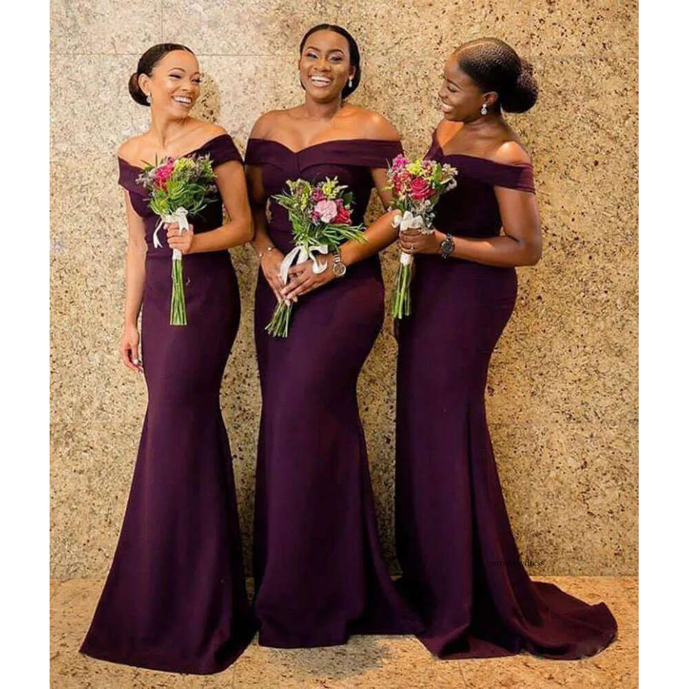 Elegant Bury Mermaid Bridesmaid Dress Off Shoulder Pleats Satin Long Bridesmaid's Guest Prom Dresses 0516