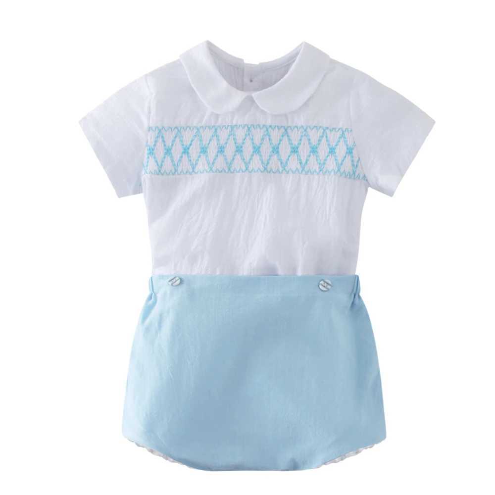 Clothing Sets 6-48 months mens clothing short sleeved Spanish top blue shorts set baby cotton birthday set childrens fashion WX