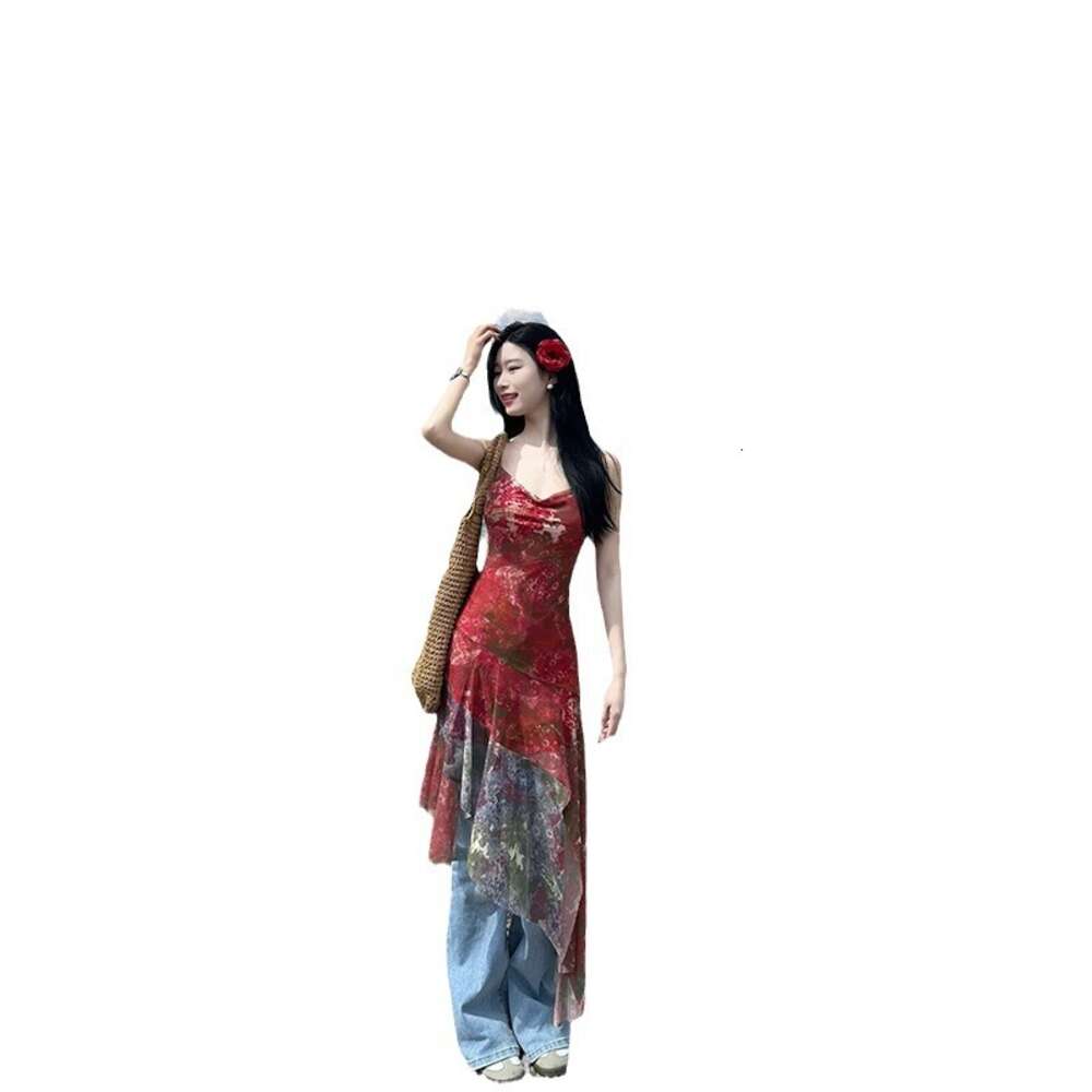 Red Floral Irregular Mesh Suspender Dress For Womens Summer New Niche Design Dress Beach Skirt