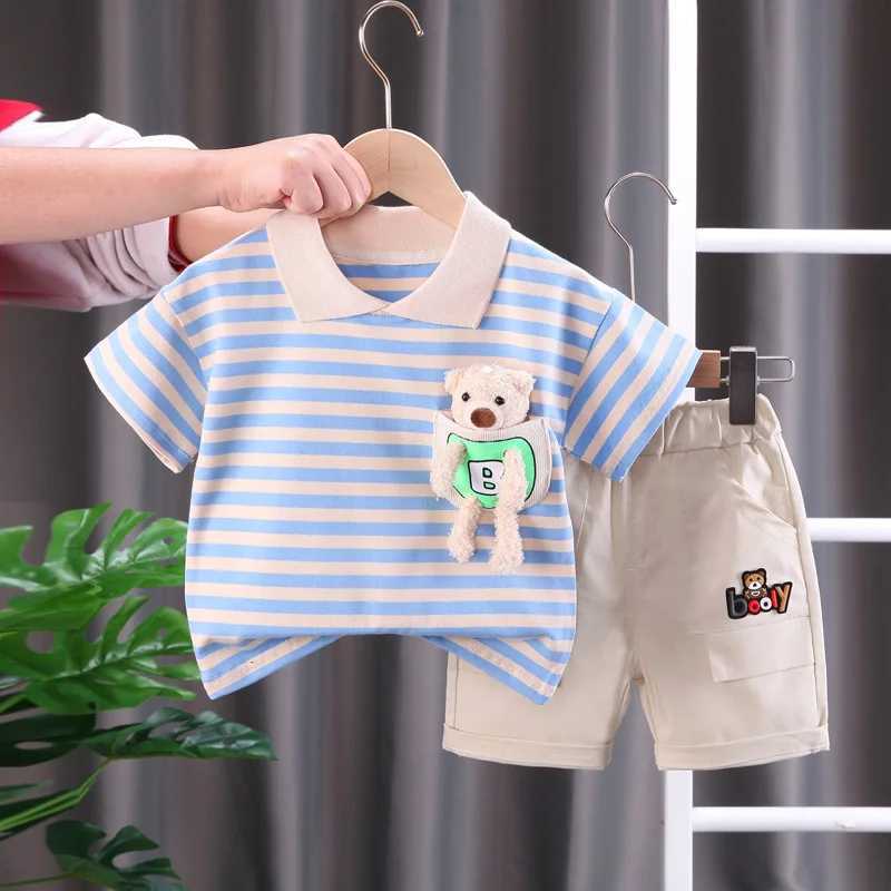 Clothing Sets Fashionable summer childrens baby boy striped set short sleeved T-shirt and doll+shorts casual clothing girl clothing 2PCS/set WX