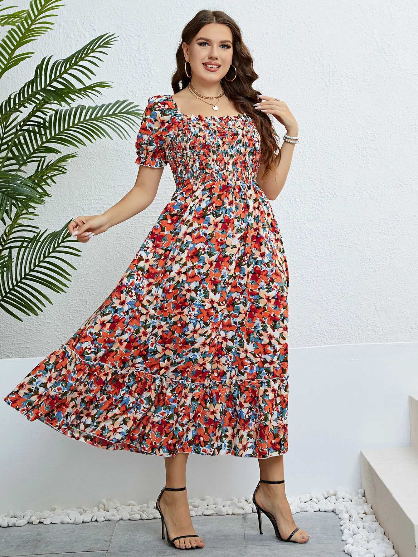 Basic Casual Dresses Plus Size Women Clothing Puff Slve Floral Maxi Dress Square Collar a Line Cotton Robe Summer 2024 Boho Midi Elegant Dresses Y2405