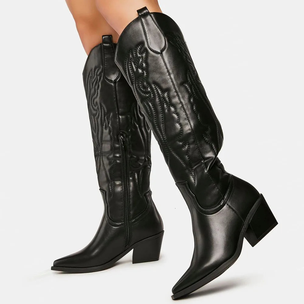 Winter Large Size 42 In Stock for Dropship Vintage Knee High Cowgirls Black Western Shoes Zip up White Cowboy Boots Women dh5437010
