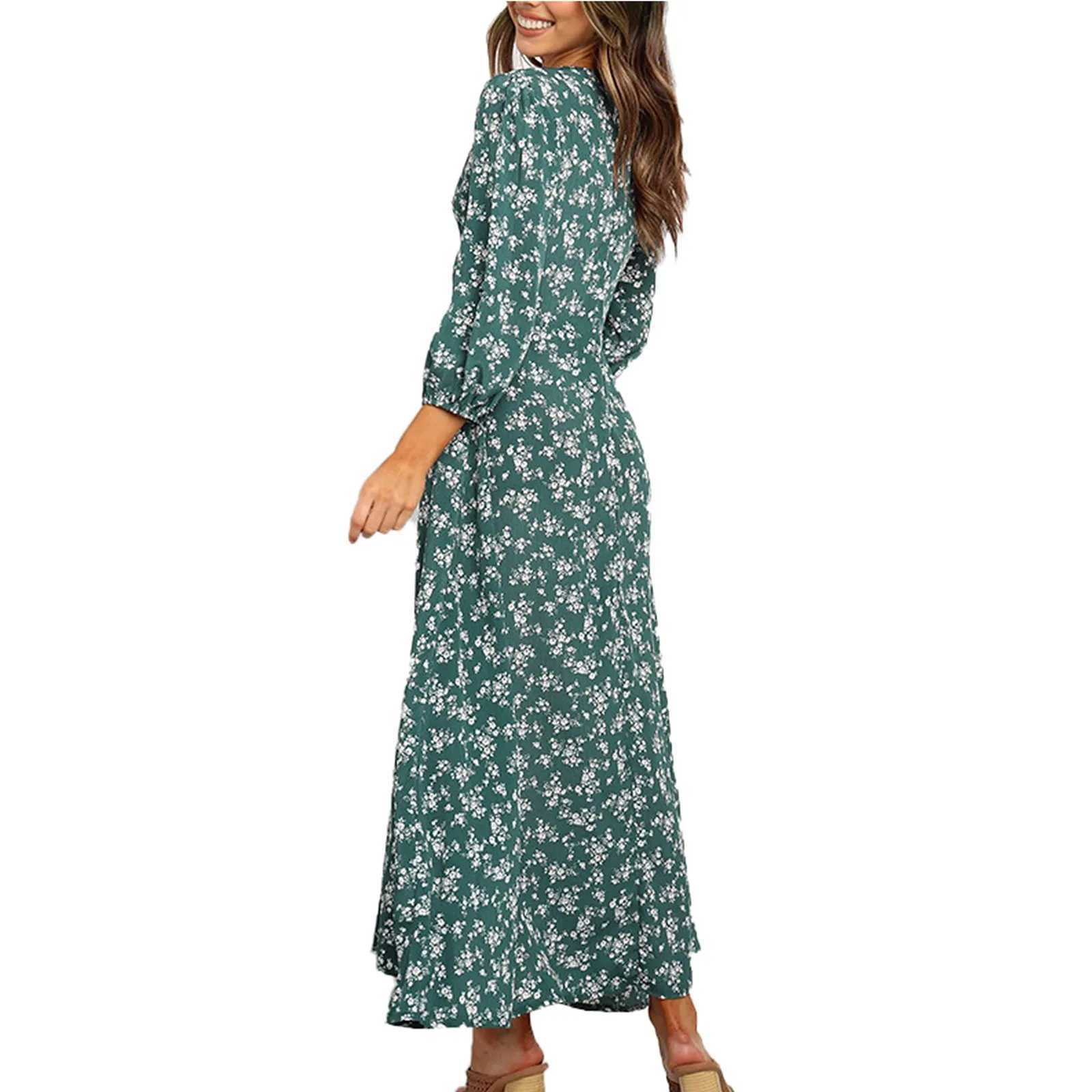 Basic Casual Dresses Womens Summer Dresses Elegant Floral Print Trendy Party Dress Sexy V Neck Long Slve Boho Slim Fit Maxi Beach Dress Y240515