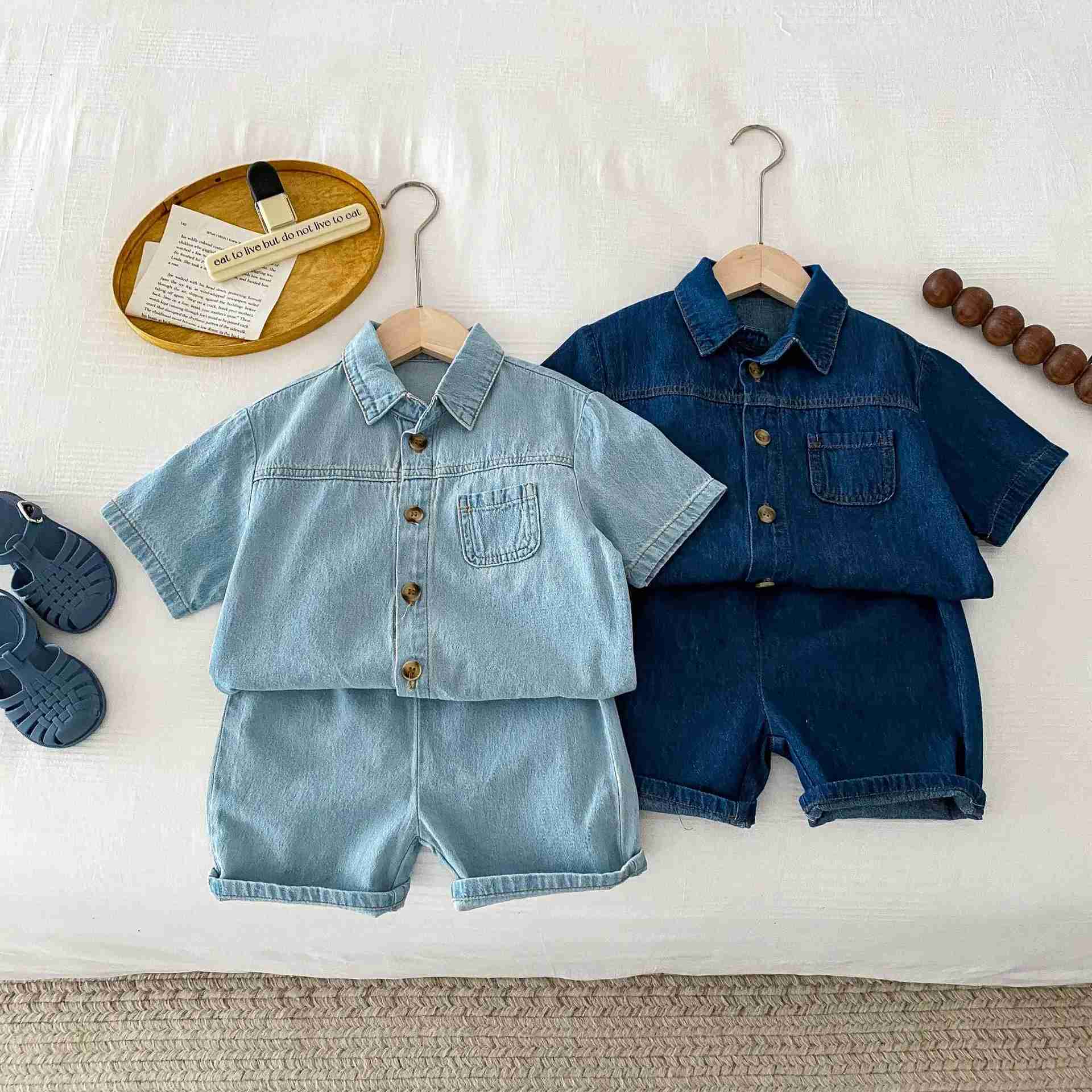 Clothing Sets Milankel childrens clothing set denim girl clothing set denim shirt and shorts 2-piece boy denim set childrens clothing WX
