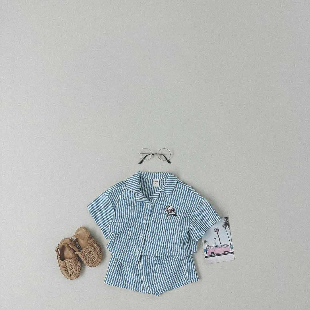 Clothing Sets 2024 Summer New Childrens Short sleeved Cotton Set Baby Boys and Girls Striped Polo Neck Shirt+Shorts 2-piece Childrens Fashion Set WX