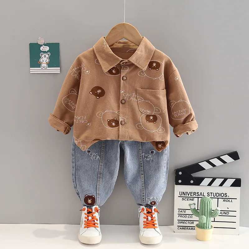 Clothing Sets Spring and Autumn Boys Clothing Set Fully Printed Bear Shirt+Jeans 2PCS Set Childrens Birthday Gift Set WX