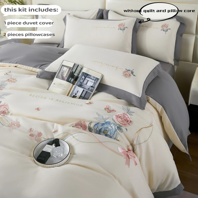 3pcs Polyester Duvet Cover Set 1Duvet 2Pillowcase Without Core Elegant Flower Embroidered Bedding 240506