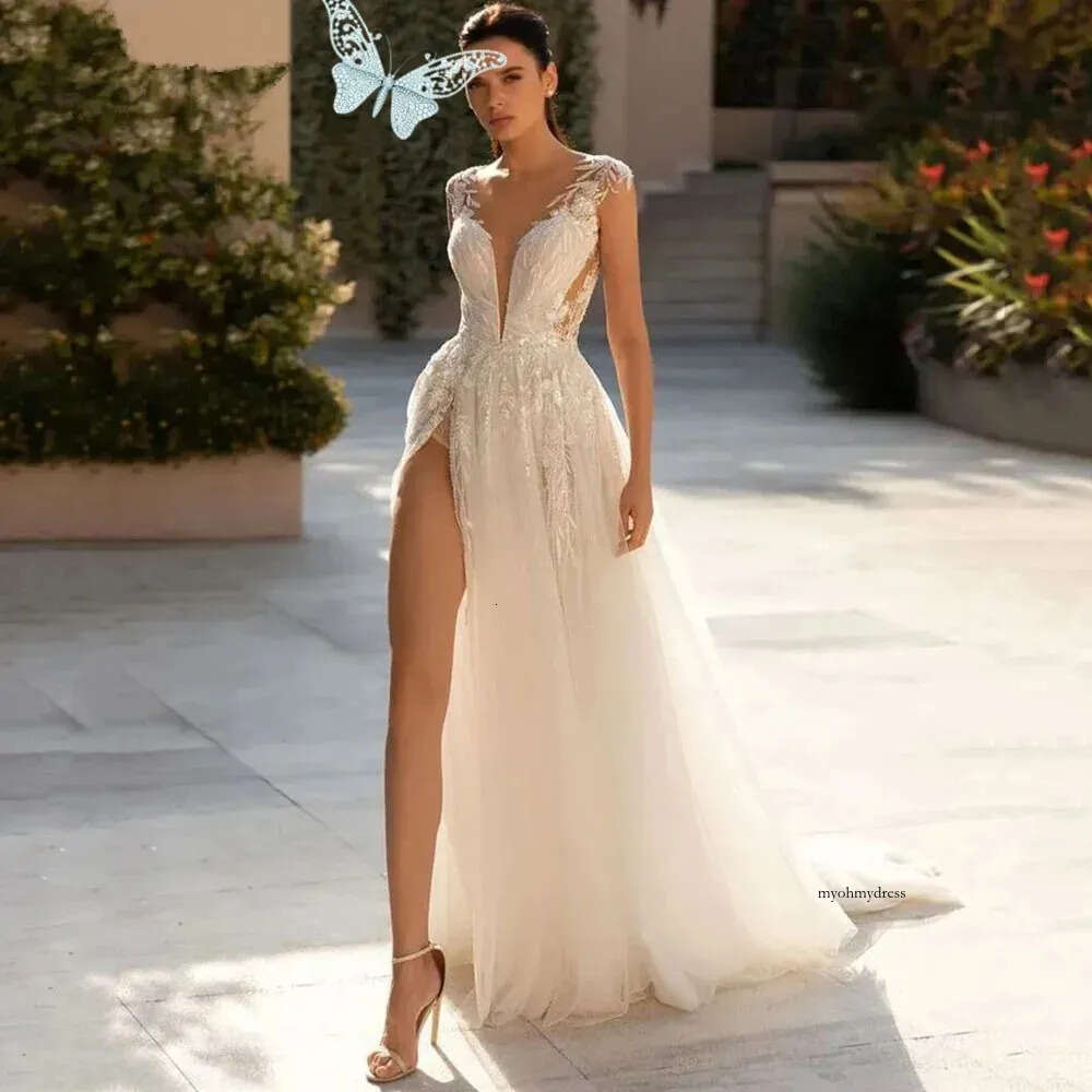 Sumnus Sexy Bohemian Wedding Dresses Lace Appliques High Split Tulle Sheer Neck A Line Bridal Gowns 2024 Robe De Mariee Femme 0516