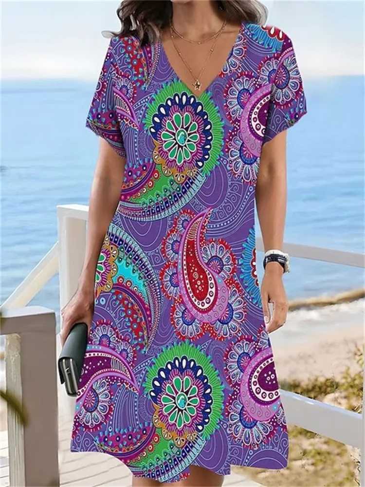 Basic Casual Dresses 2023 New Summer Vintage Dresses For Women Clothing Casual Loose V-Neck Flower Print Dress Pullovers Short Slve Oversized Dress Y2