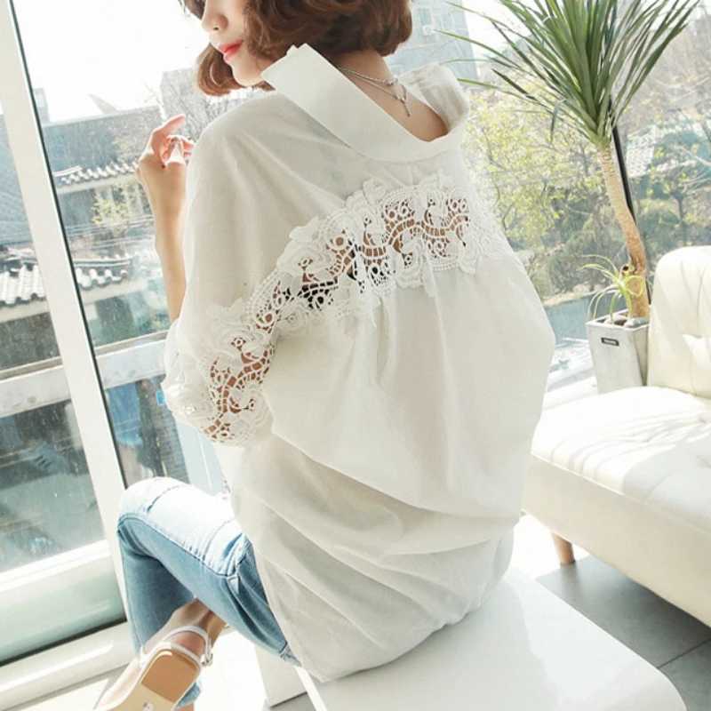 Women's Blouses Shirts Sexy Hollow Out Lace Cotton Womens Shirt Korean Stylish Fashion Woman Elegant Blouse Backless Clothes 2023 Office Lady Top