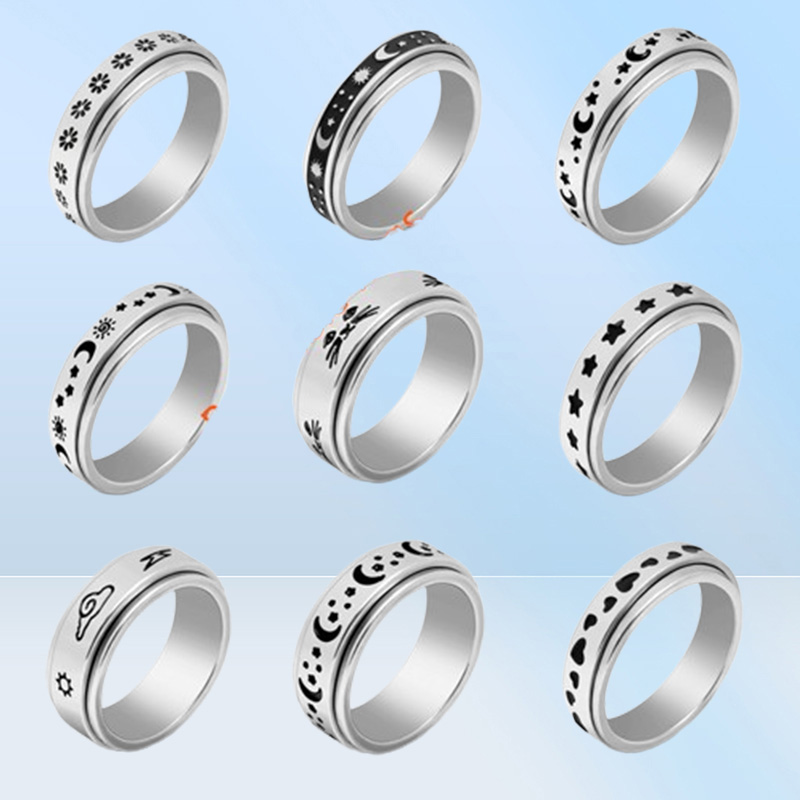 Fashion Rotatable Spinner Stainless Steel Rings Moon Sun Cat Star Flower Heart Cloud Jewelry For Women Men Mix Style Party Gifts W