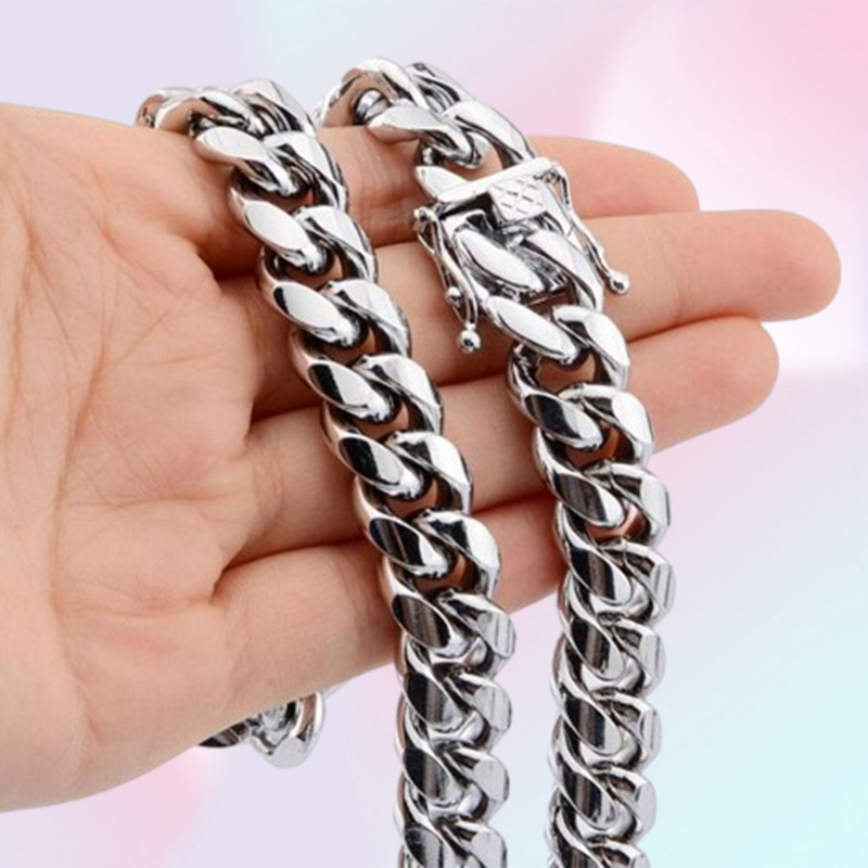 fine 18K Gold Plated chain jewelry Stainless Steel High Polished Miami Cuban Link Necklace Men Punk 15mm Curb Double Safety Clasp