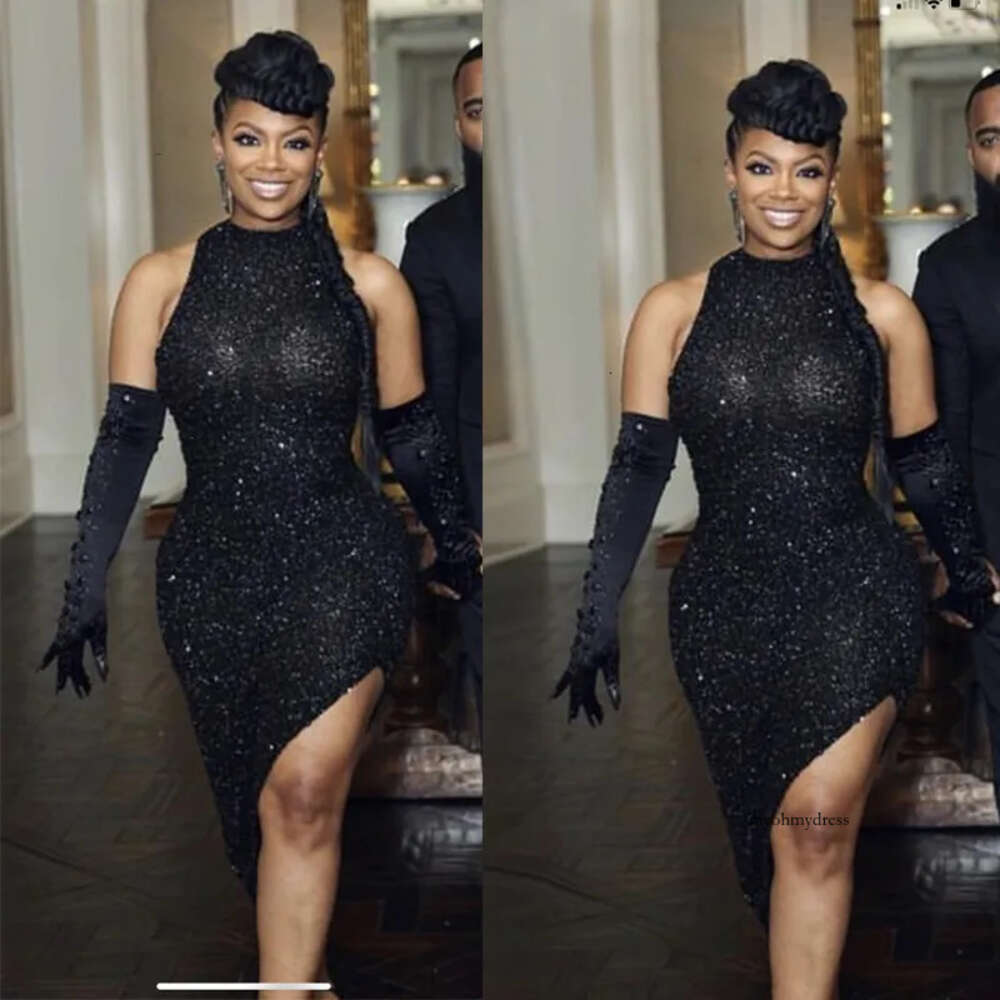 Sexy Black Sequin Prom Dresses Sheath Side Split Beaded Party Gown Column Floor Length Sparkly tail Dress 0516