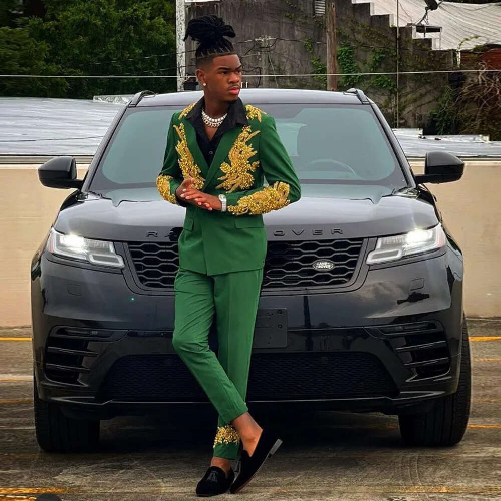 Green Slim Fit Mens Suit for Wedding Double Breasted Prom Tuxedos With Gold Appliques Junior Teen Boys Graduation Wear 0516