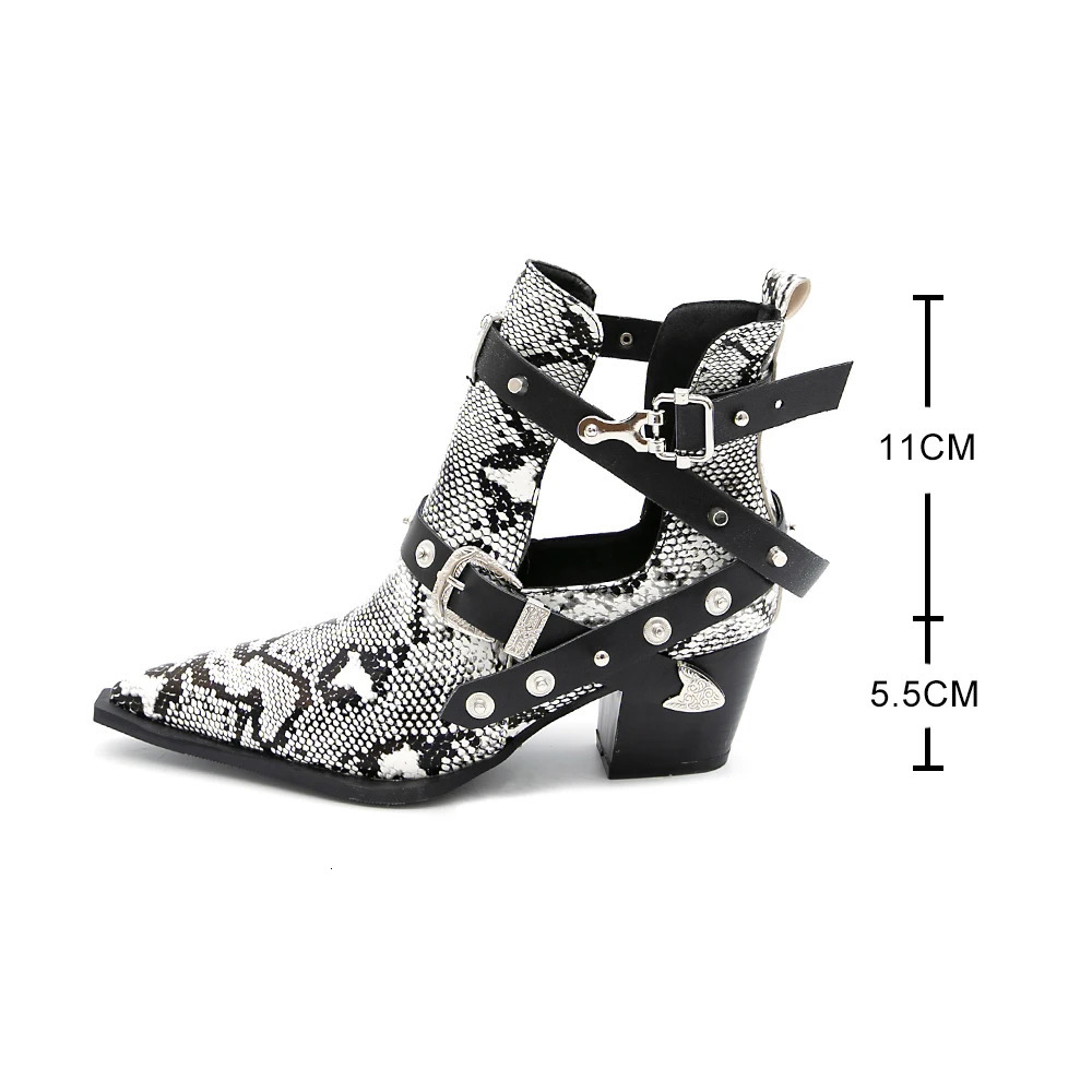 Motorcycle Western Cowboy Boots Women Snake PU Leather Short Cossac High Heels Pointed Cowgirl Booties Buckle Womens Shoes 240515 4 - view 6