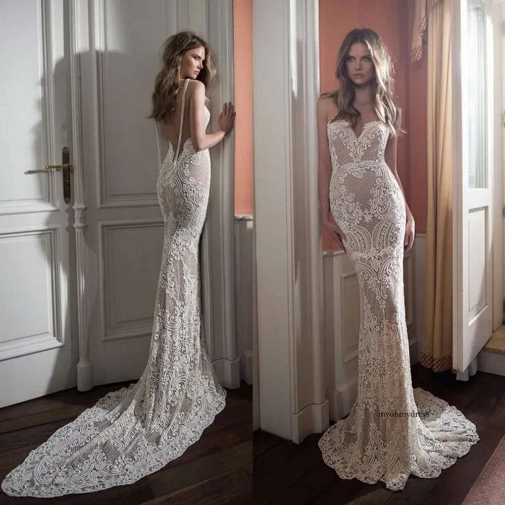 Hot Sale Berta Mermaid Lace Wedding Dresses Sheer Sweetheart Neck Backless Bridal Gowns Appliqued Sweep Train Pearls Vestidos De Noiva 0516