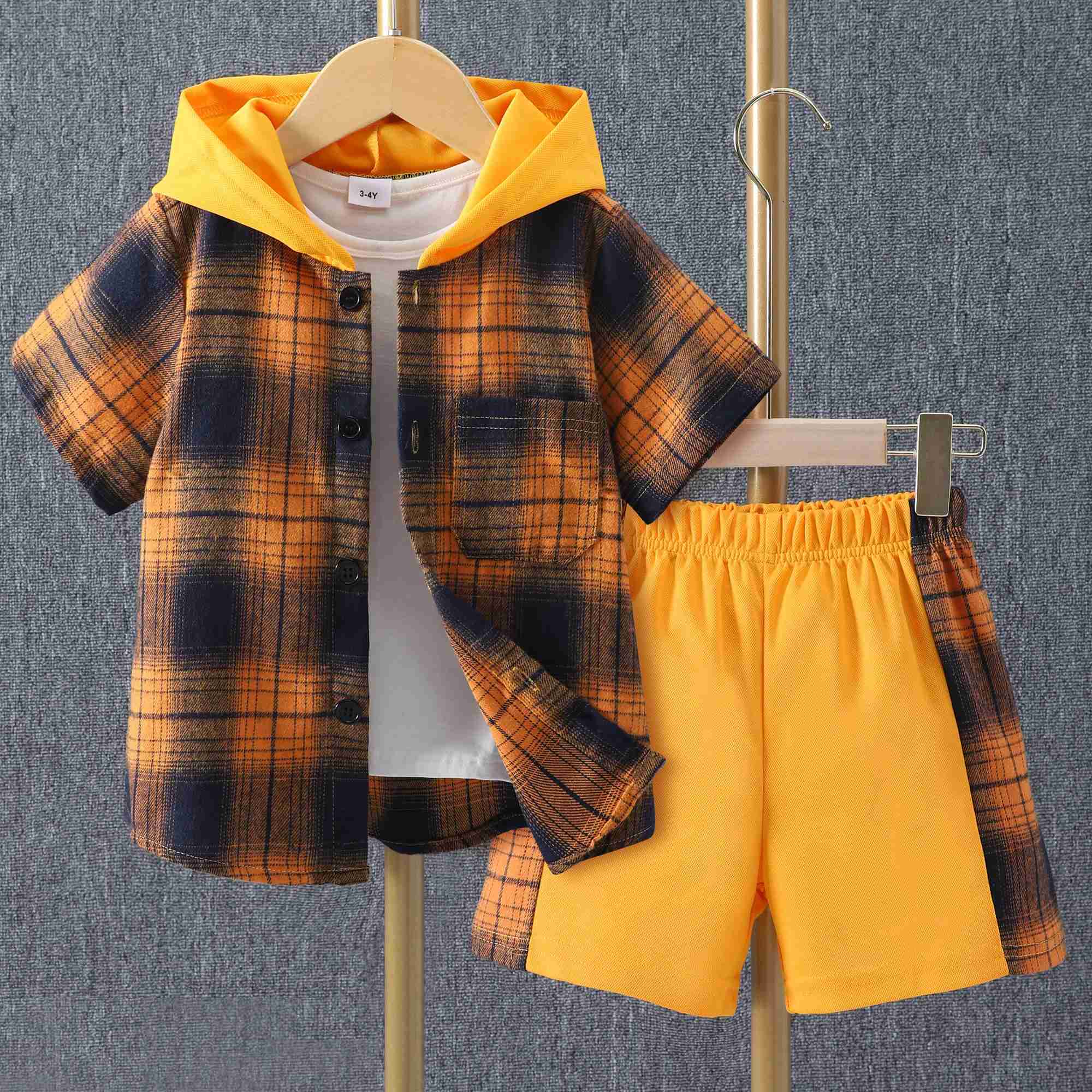 Clothing Sets Childrens clothing set childrens and boys clothing short sleeved hooded shirt+short sleeved childrens 2-piece cotton summer baby clothin