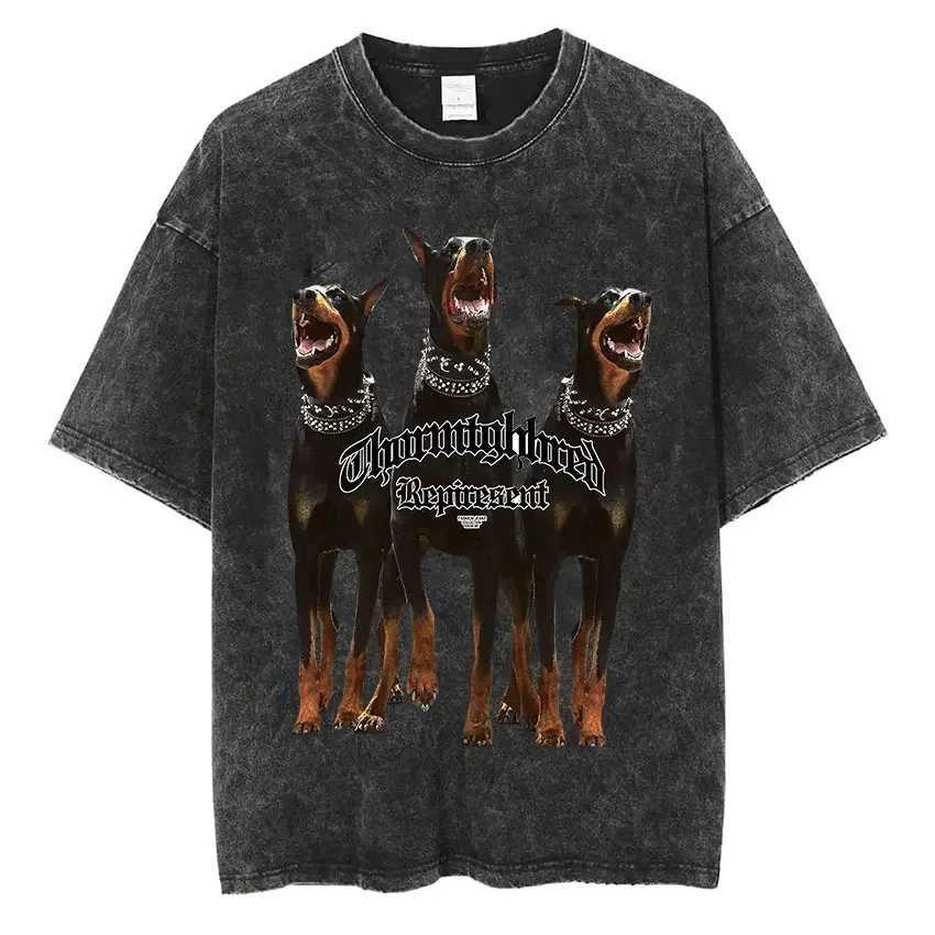Men's T-Shirts Men Washed Vintage Short Slve T Shirts Hip Hop Rottweiler Doberman Graphic T-shirt Mens Cotton Oversized T shirt Strtwear T240515