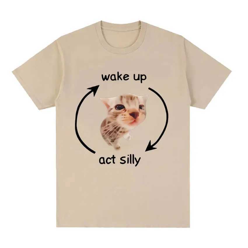 Men's T-Shirts Wake Up Act Silly Meme Graphic T Shirt Funny Cute Cat Print Short Slve T-shirt Men Women Casual 100% Cotton Oversized T Shirts T24