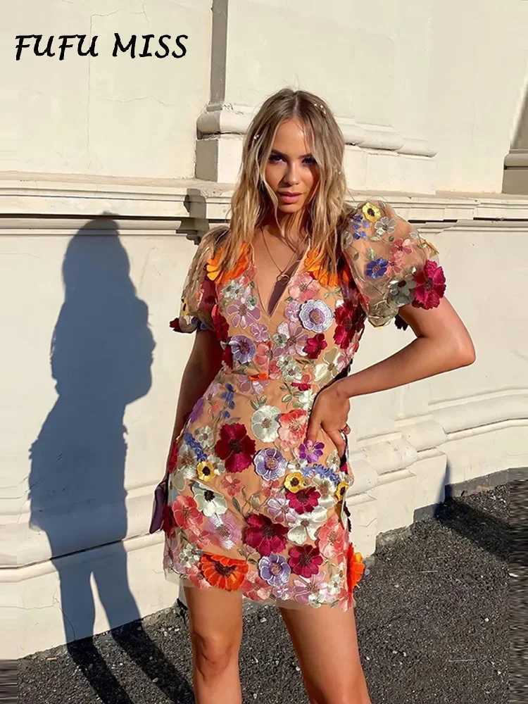 Basic Casual Dresses 3d Floral Appliques Dress Women Sexy V-neck Short Slve Hip Wrap Dresses Female 2024 Spring Summer Fashion Elegant Lady Vestido Y2