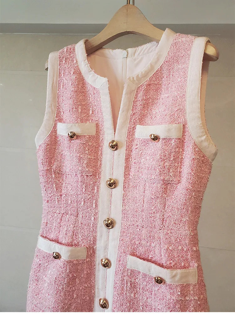 French little perfume sweet girl pink tweed dress womens sleeveless V-neck four pocket zipper gold button vest 240515