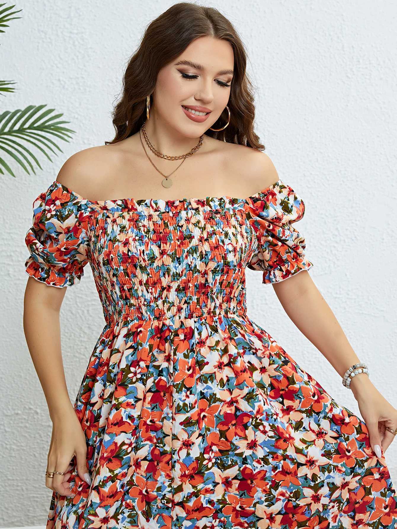Basic Casual Dresses Plus Size Women Clothing Puff Slve Floral Maxi Dress Square Collar a Line Cotton Robe Summer 2024 Boho Midi Elegant Dresses Y2405