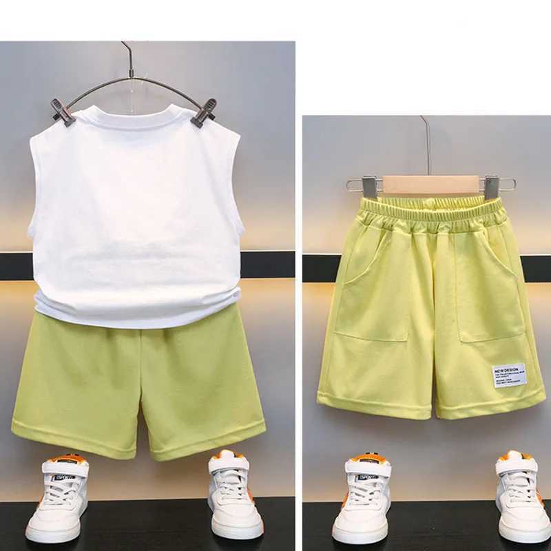 Clothing Sets 2-10Y childrens and boys sportswear summer vest+shorts 2PCS set Hi Letter green childrens track and field clothing childrens set baby A1