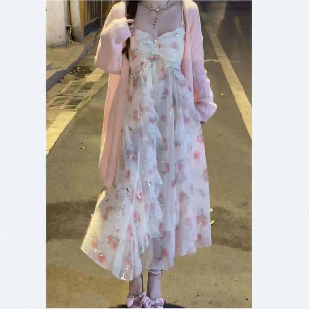 Sweet And Gentle Wind Pink Fragmented Flower And Lotus Leaf Edge Shining Fairy Sling Dress Womens Knitted Cardigan Set Spring Summer