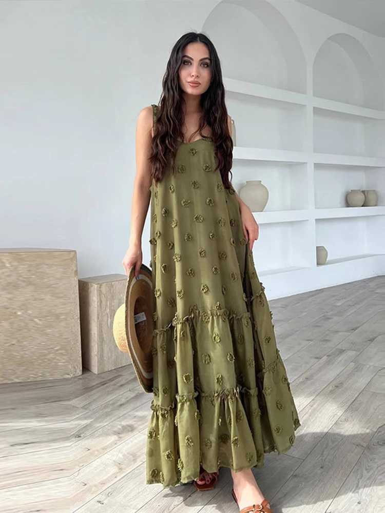 Basic Casual Dresses Elegant Loose Sling Long Dress Women Floral Ruffles Slveless Beach Dresses 2024 Spring Summer 3d Print Party Evening Lady Robe Y2