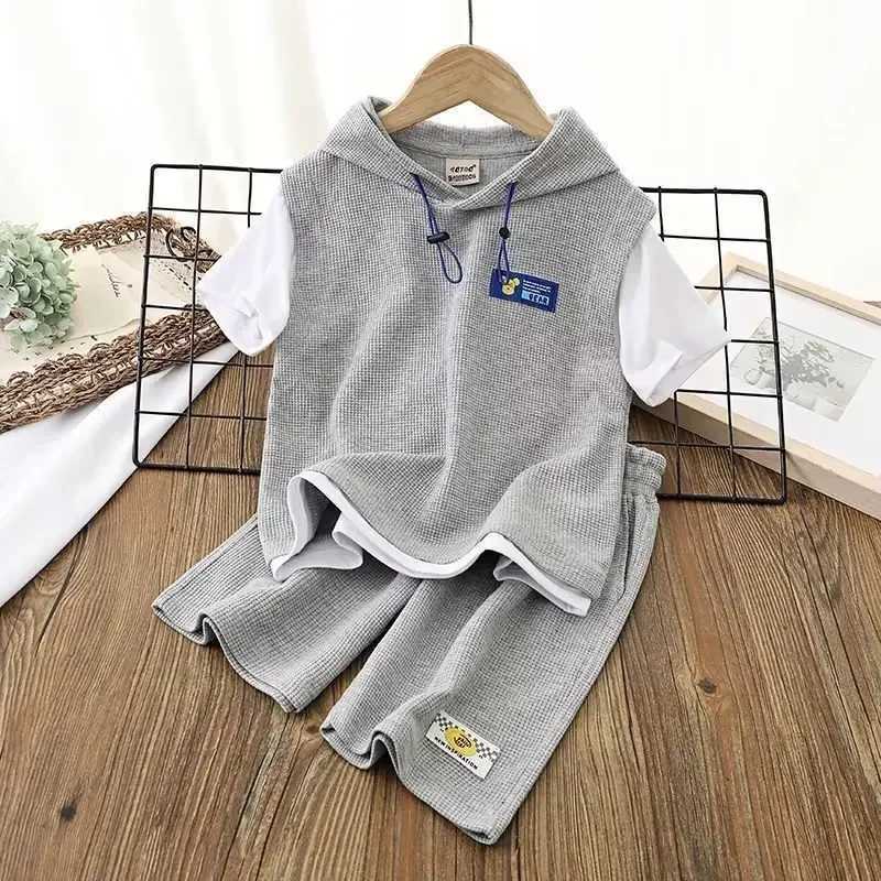 Clothing Sets Summer Children Boy Girls Clothes Set Teenage Faux Two-piece T-shirts and Shorts Suit Kid Hip-Hop Hooded Top Bottom Tracksuits H241214
