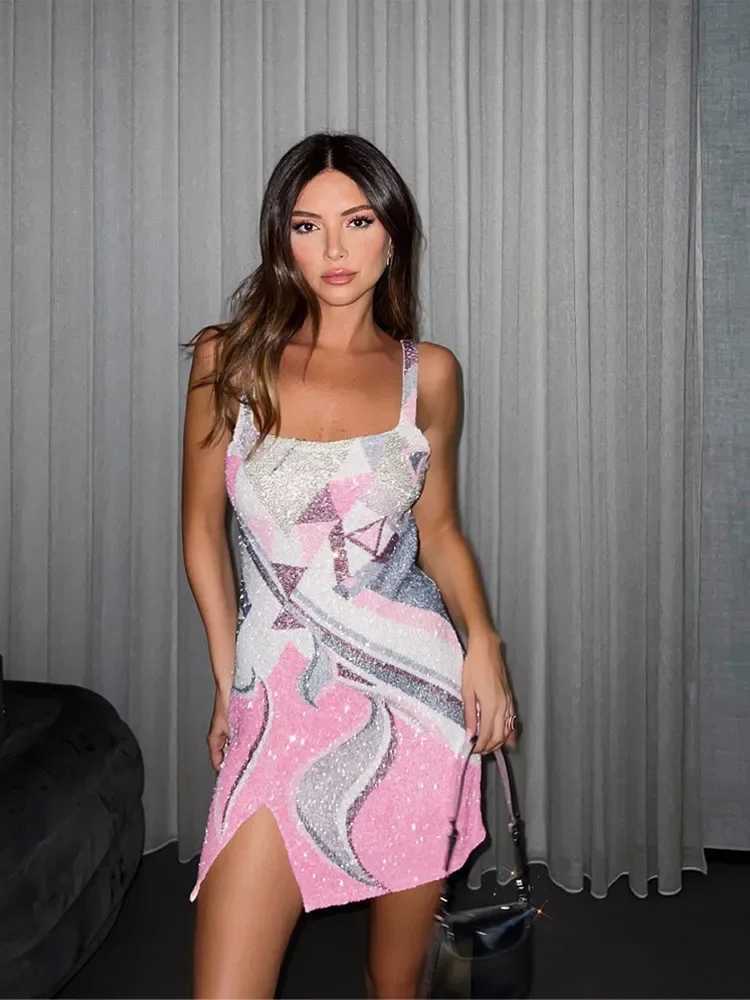Basic Casual Dresses SparklSequined Strap Mini Dress for Women Chic U-neck Backless Sleeveless Bodycon Shiny Dresses 2024 Lady Party Club Vestido J240