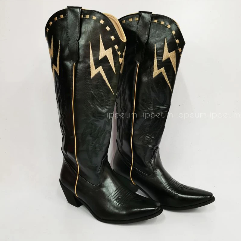 IPPEUM Black Knee High Western Cowboy For Women Embroidered Pointed Toe Shoes White Wide Calf Cowgirl Boots 240515