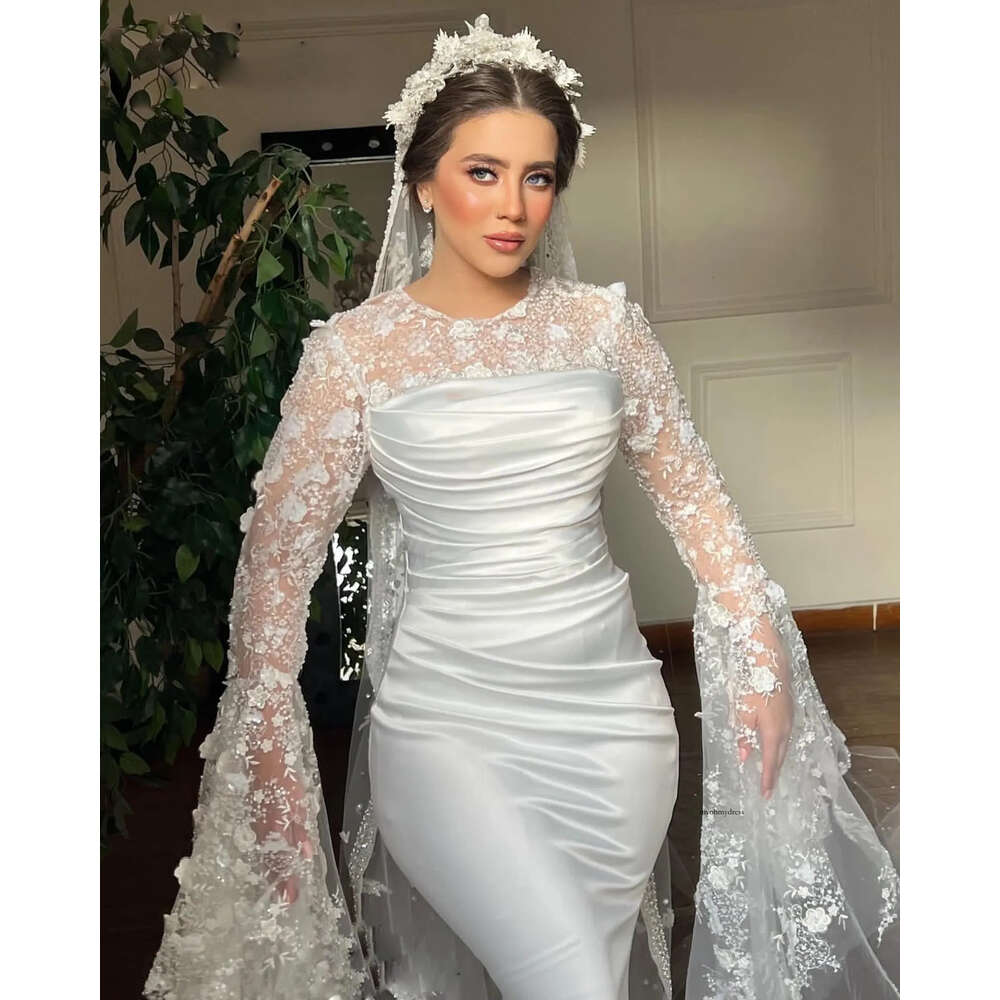 Vintage Lace Sleeve Mermaid Wedding Dresses Beaded Satin with Detachable Train Bridal Dress Ruched 3D Flroal Appliques mariage for Bride 0516